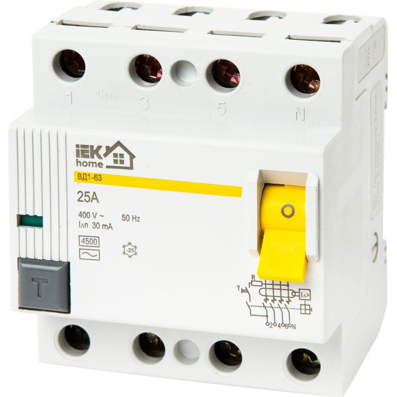 УЗО Iek Home ВД1-63 3P N 25 A 30 мА 4.5 кА AC MDV10-4-025-030