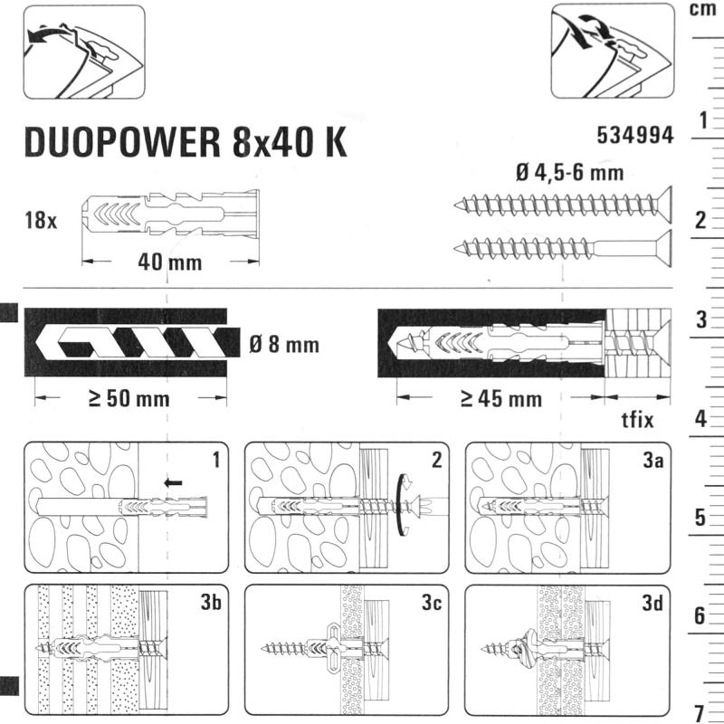 Дюбель для всех типов стен Duopower 8x40 мм цвет серый/красный 18 шт.