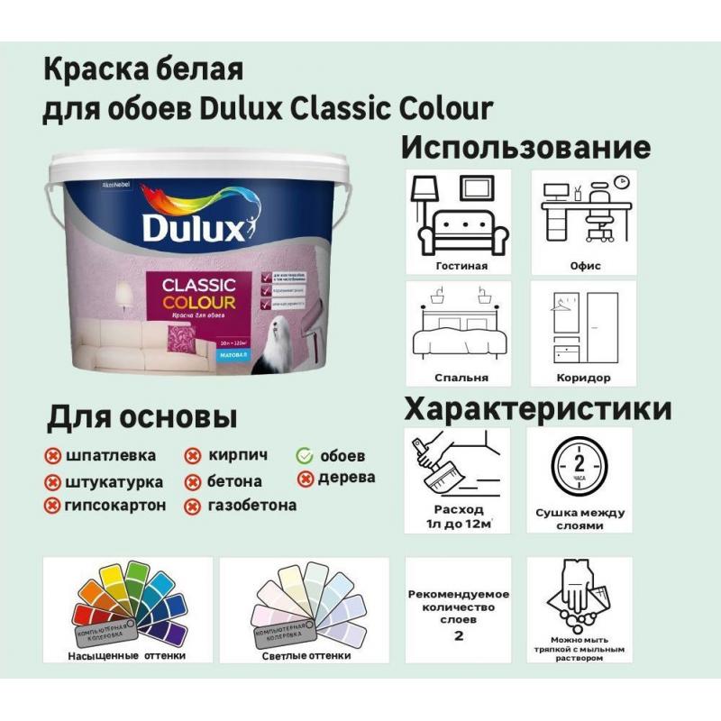 Краска для обоев Dulux Classic Colour моющаяся матовая увет белый база BW 2.5 л