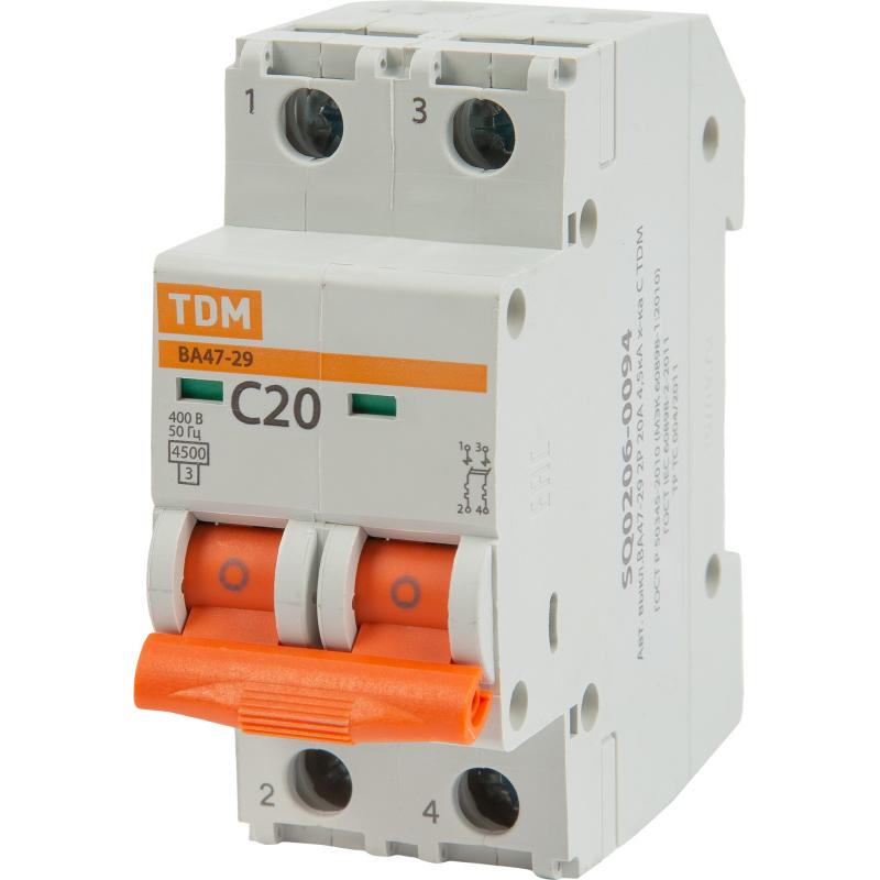 Автоматты ажыратқыш TDM Electric ВА47-29 2P C20 А 4.5 кА SQ0206-0094