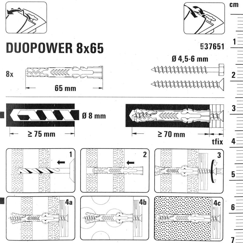Дюбель қабырғалардың барлық түрлеріне арналған Duopower 8x65 мм түсі сұр/қызыл 8 дана