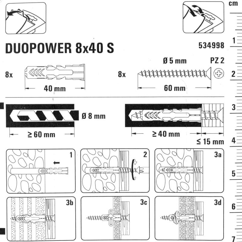 Дюбель қабырғалардың барлық түрлеріне арналған Duopower 8x40 мм бұрамашегемен түсі сұр/қызыл 8 дана