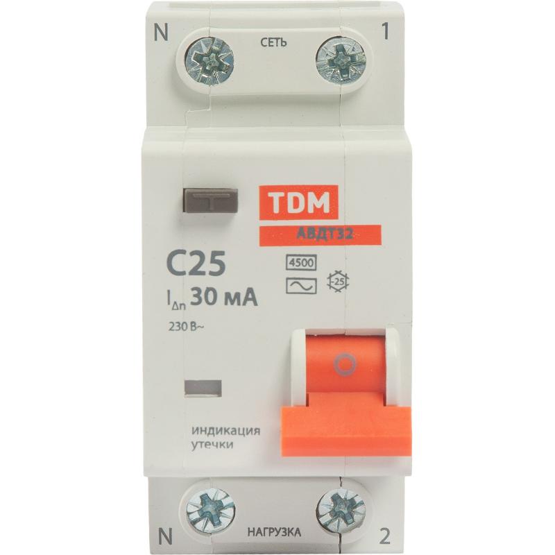 Дифференциалды автомат Tdm Electric АВДТ-32 1P N C25 A 30 мА 4.5 кА AC SQ0202-0505
