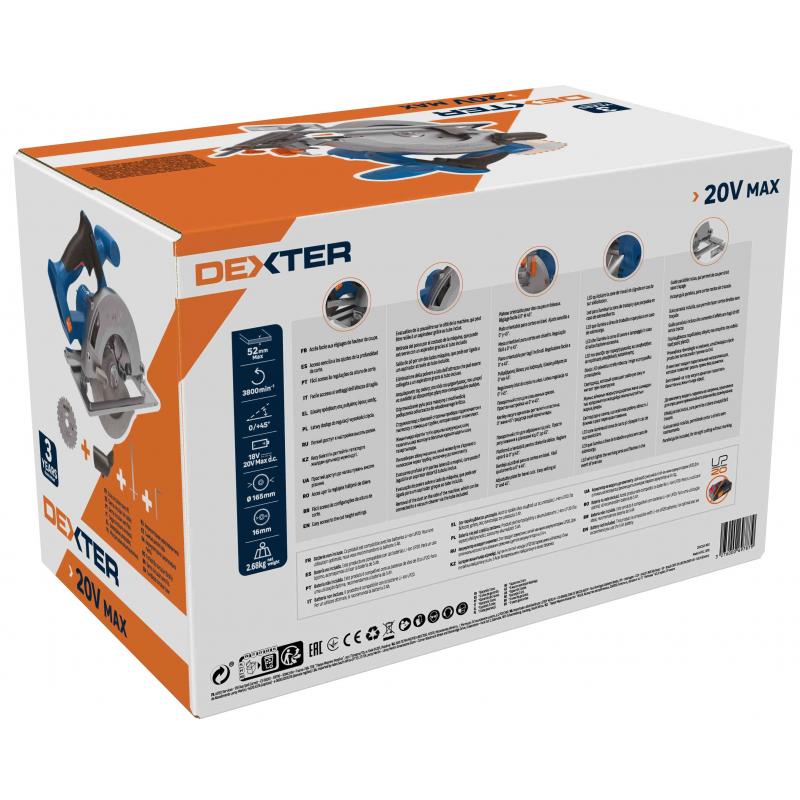 Аккумуляторлық циркулярлық ара Dexter 20VCIS2-165.1, 20 В Li-ion, 165 мм, АКБ және ЗУ жоқ