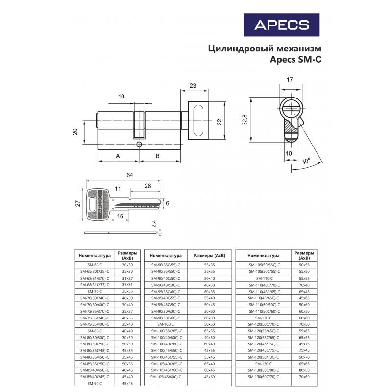 Цилиндровые механизмы Apecs Pro LM-90-C-NI 90 мм, ключ/вертушка, цвет никель