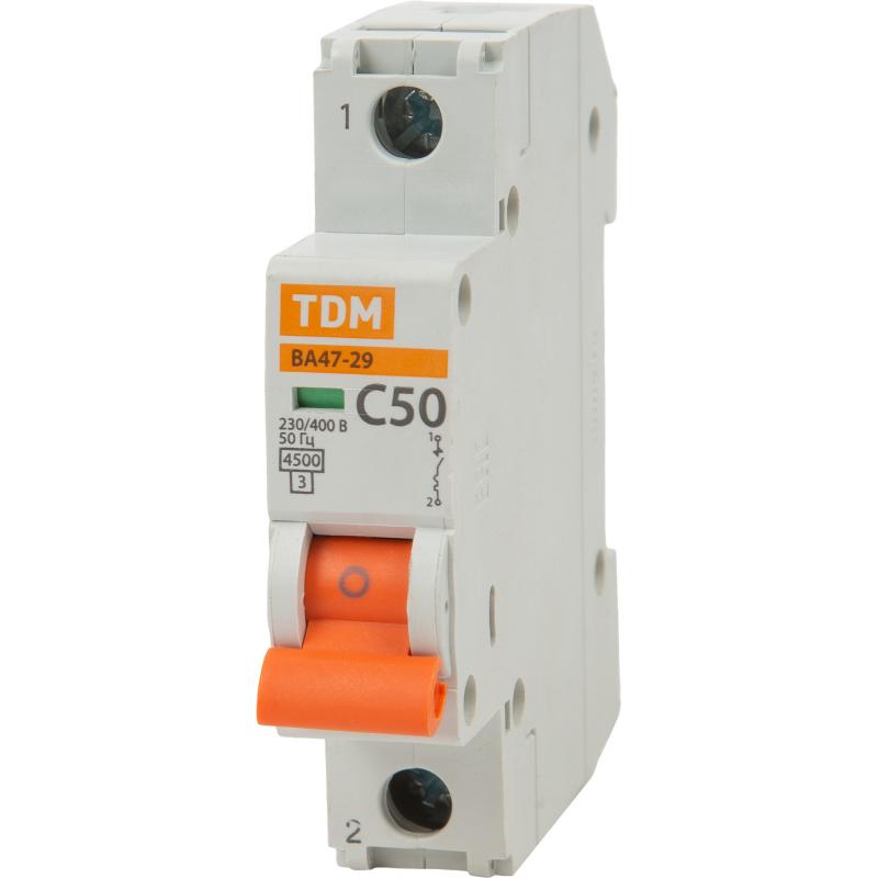 Автоматты ажыратқыш TDM Electric ВА47-29 1P C50 А 4.5 кА SQ0206-0079