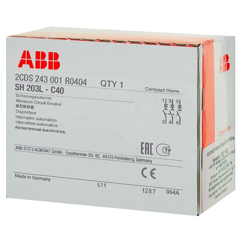 Автоматический выключатель ABB SH203L 3P C40 А 4.5 кА 2CDS243001R0404