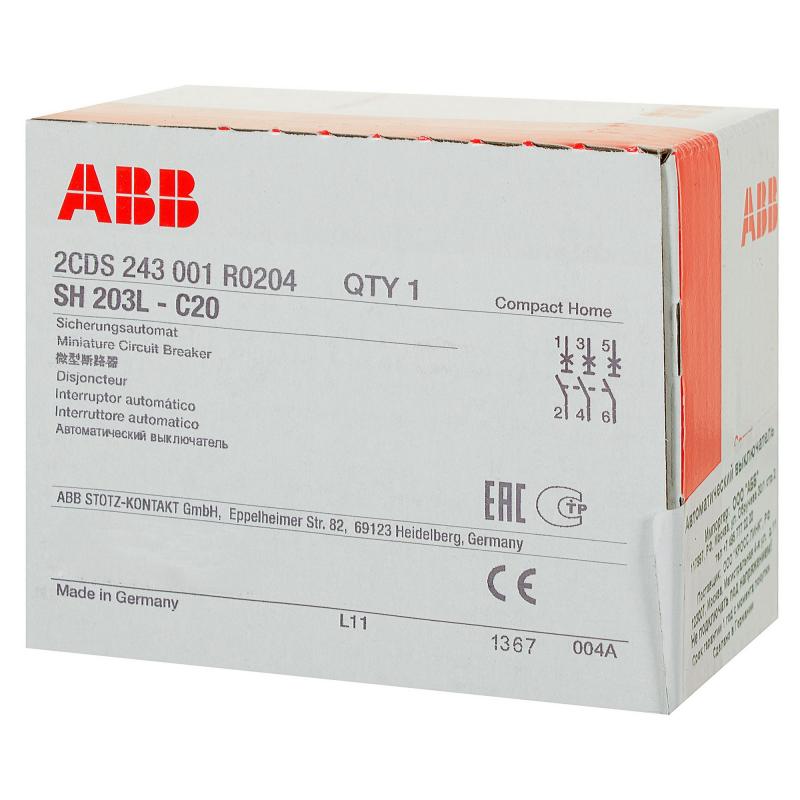 Автоматический выключатель ABB SH203L 3P C20 А 4.5 кА 2CDS243001R0204