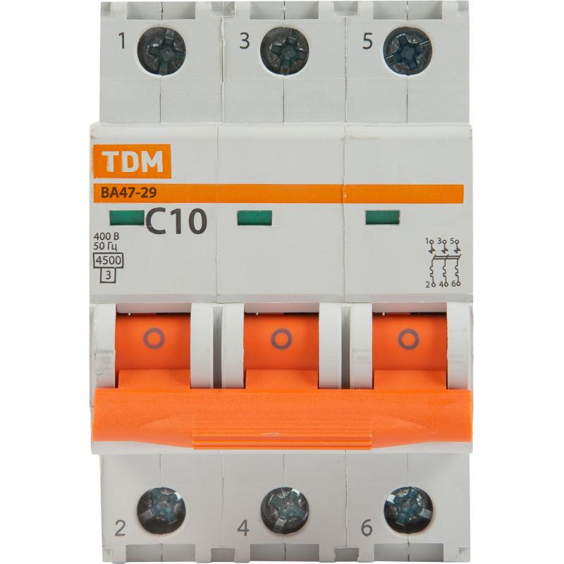 Автоматический выключатель TDM Electric ВА47-29 3P C10 А 4.5 кА SQ0206-0107