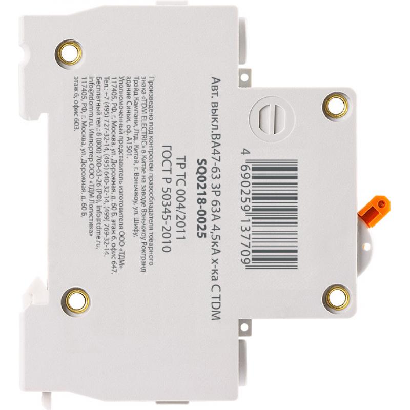 Автоматический выключатель TDM Electric ВА47-63 3P C63 А 4.5 кА SQ0218-0025