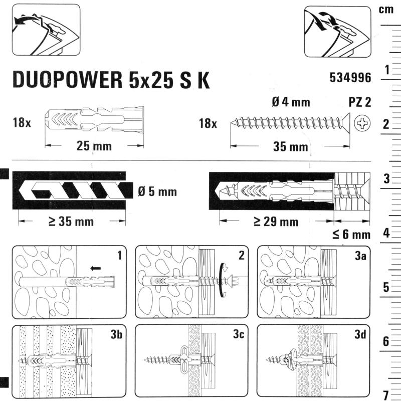 Дюбель қабырғалардың барлық түрлеріне арналған Duopower 5x25 мм бұрамашегемен түсі сұр/қызыл 18 дана
