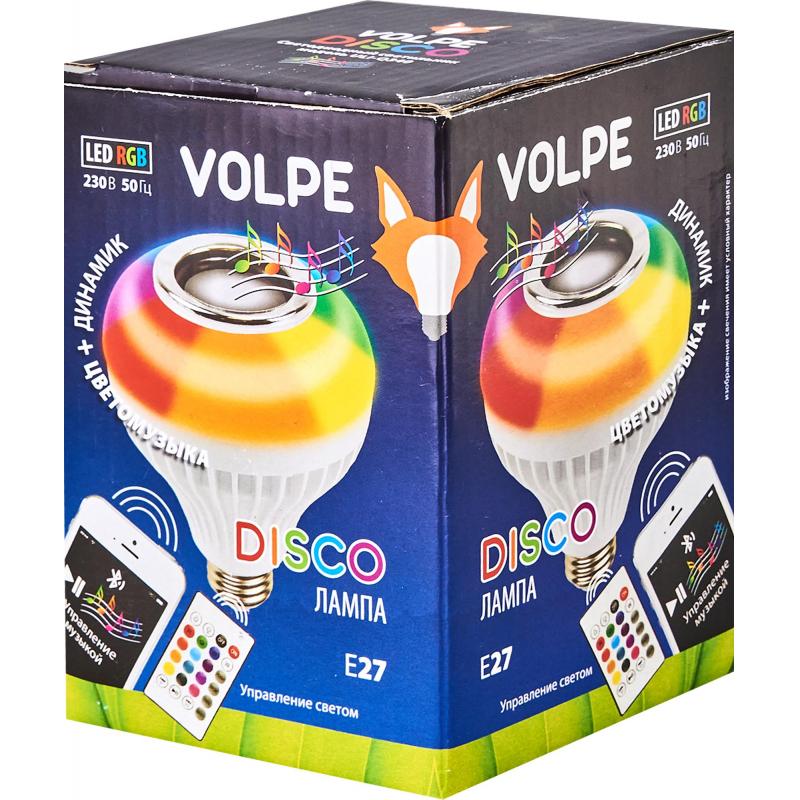 Шам жарықдиодты Volpe Disco Е27 220 В 8 Вт 200 Лм, RGB жарығының реттелетін түсі, Bluetooth, ҚБ пүльті