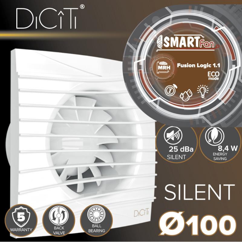 Вентилятор осевой вытяжной Diciti Silent 4C MRH D100 мм 25 дБ 90 м³/ч обратный клапан датчик влажности цвет белый