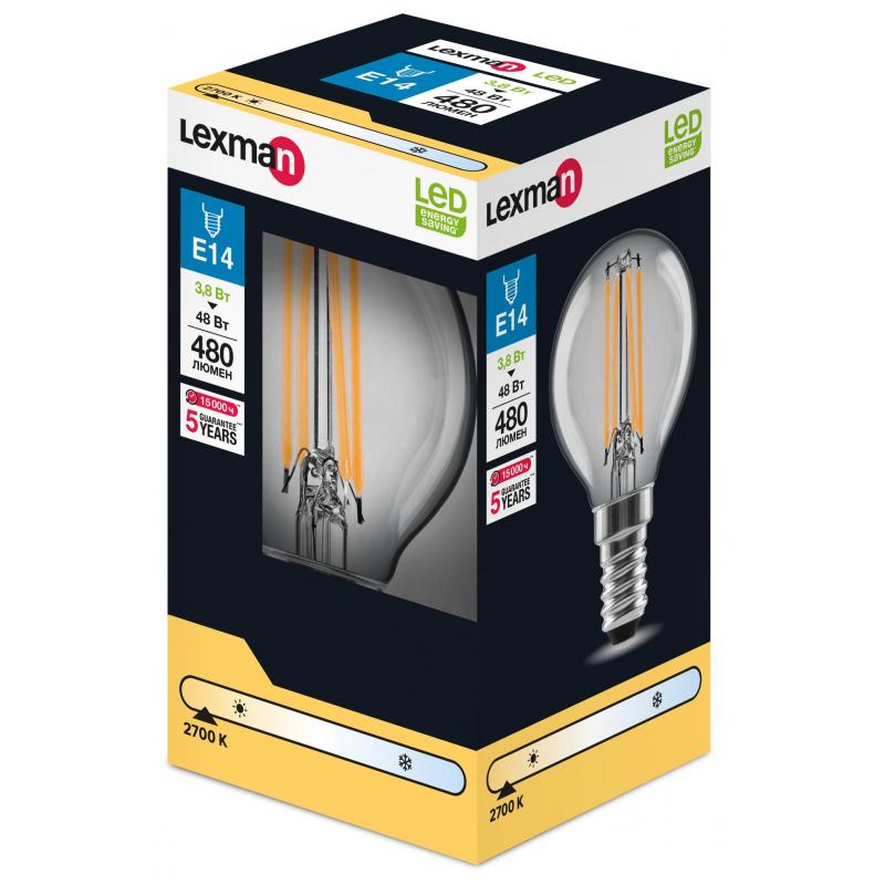 Лампа светодиодная Lexman E14 220-240 В 4 Вт шар прозрачная 400 лм теплый белый свет