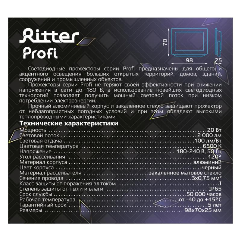 Прожектор жарықдиодты көшелік Ritter Profi 53406 2 20 Вт 2000 Лм 180-240В суық ақ жарық 6500К IP65 қара