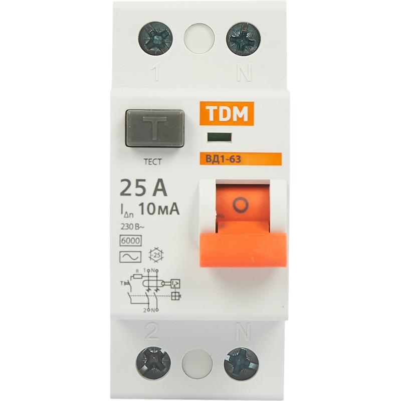 УЗО Tdm Electric ВД1-63 2P 25 A 10 мА 4.5 кА AC SQ0203-0075