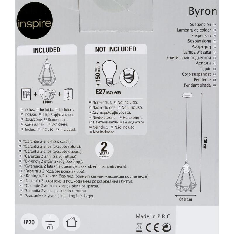 Светильник подвесной Inspire Byron 1 лампа E27x60 Вт, диаметр 16 см, металл, цвет чёрный