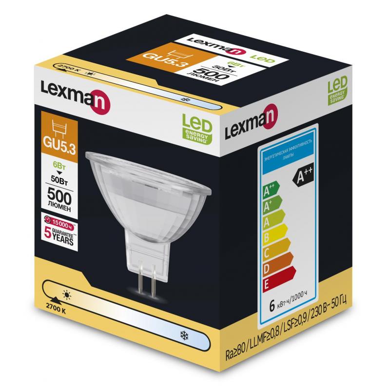Лампа светодиодная Lexman GU5.3 220-240 В 6 Вт спот прозрачная 500 лм теплый белый свет