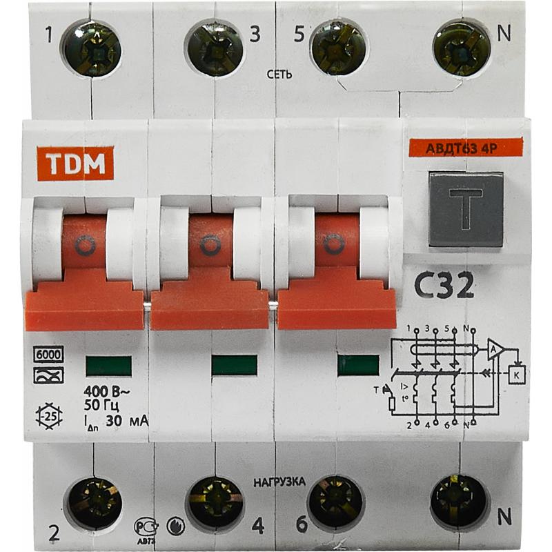 Дифференциальный автомат Tdm Electric АВДТ-63 3P N C32 A 30 мА 6 кА A SQ0202-0019