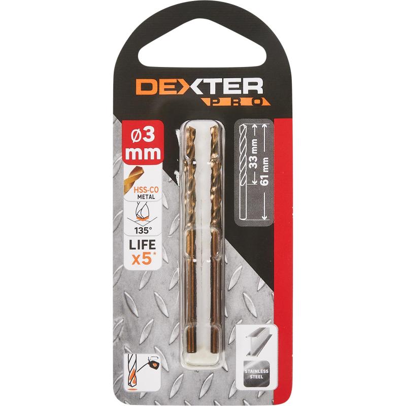 Болат тесетін шиыршық бұрғы Dexter Pro113-04268, 3x61 мм, 2 дана