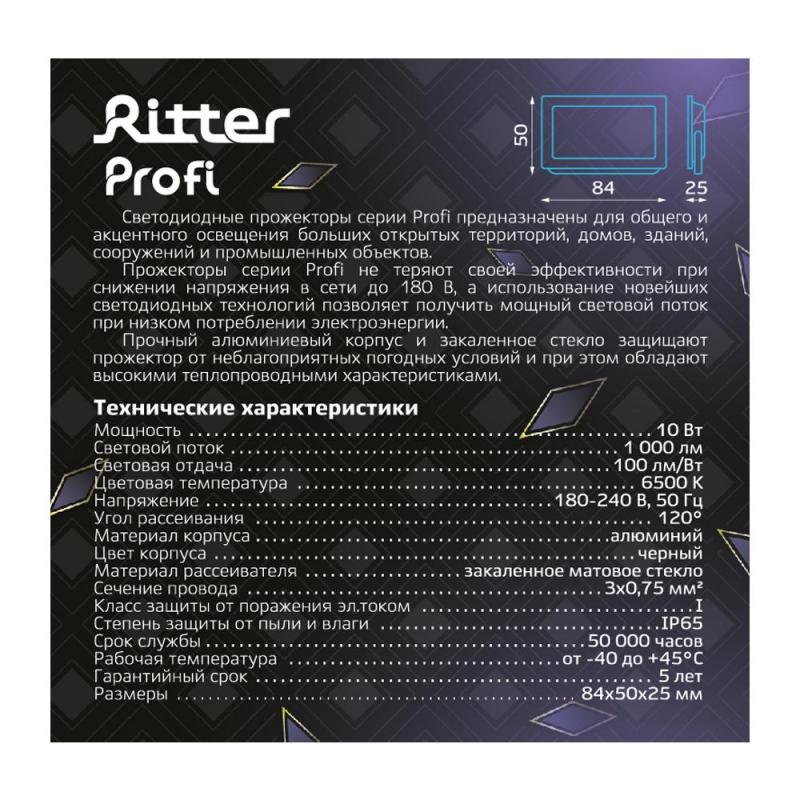 Прожектор светодиодный уличный Ritter Profi 53405 5 10 Вт 1000 Лм 180-240В холодный белый свет 6500К IP65 черный