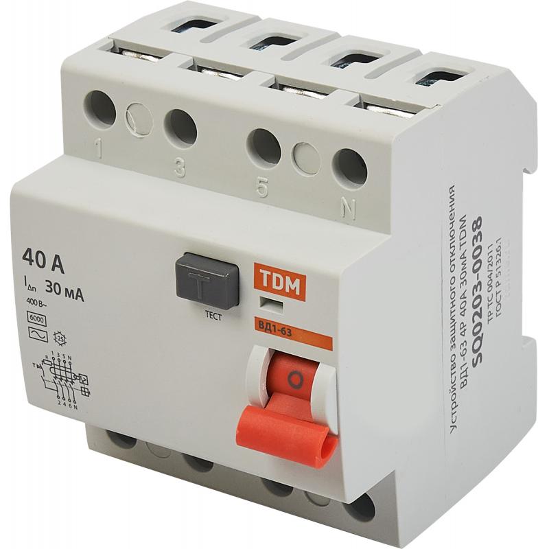 ҚӨҚ Tdm Electric ВД1-63 4P 40 A 30 мА 4.5 кА AC SQ0203-0038