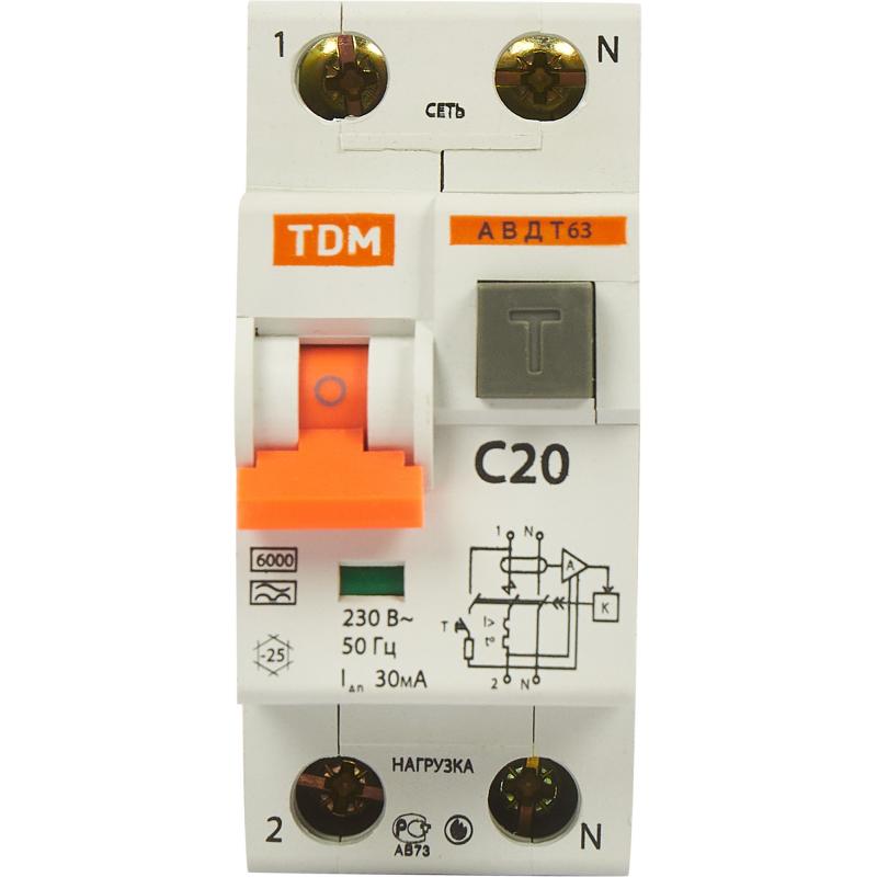 Дифференциалды автомат Tdm Electric АВДТ-63 1P N C20 A 30 мА 6 кА A SQ0202-0003