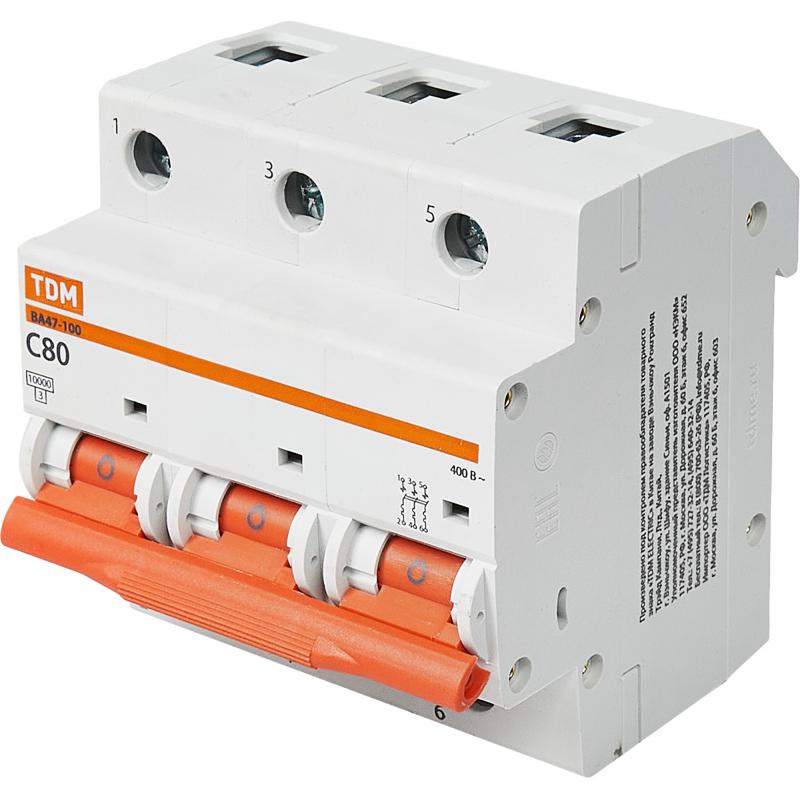 Автоматический выключатель TDM Electric ВА47-100 3P C80 А 10 кА SQ0207-0076