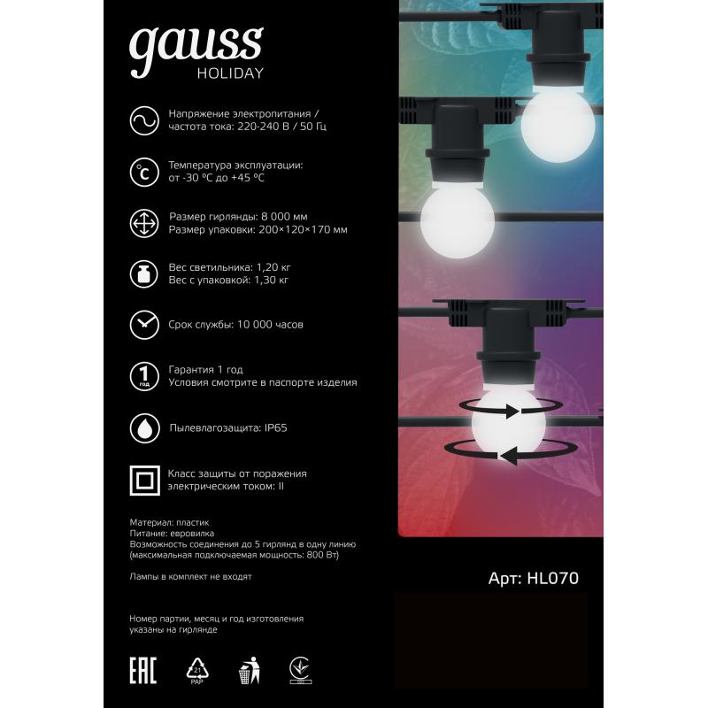 Гирлянда белт-лайт из лампочек Gauss Holiday электрическая 8 м 10 ламп E27 цвет черный