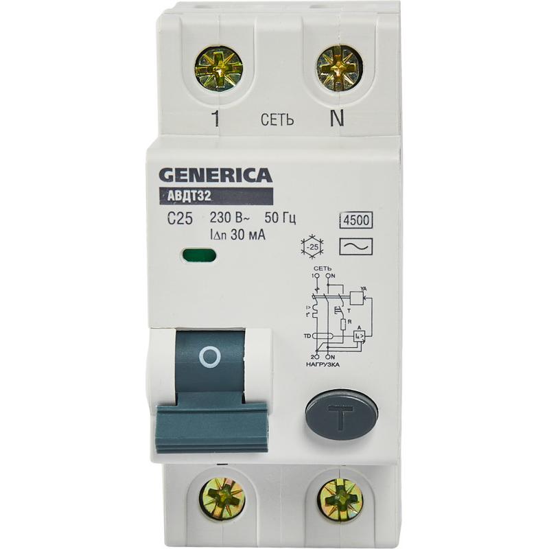 Дифференциальный автомат Generica АВДТ-32 1P C25 A 30 мА 4.5 кА AC