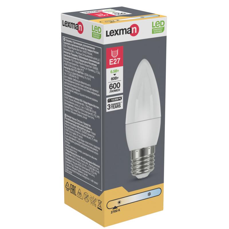 Лампа светодиодная Lexman Candle E27 175-250 В 6.5 Вт белая 600 лм теплый белый свет