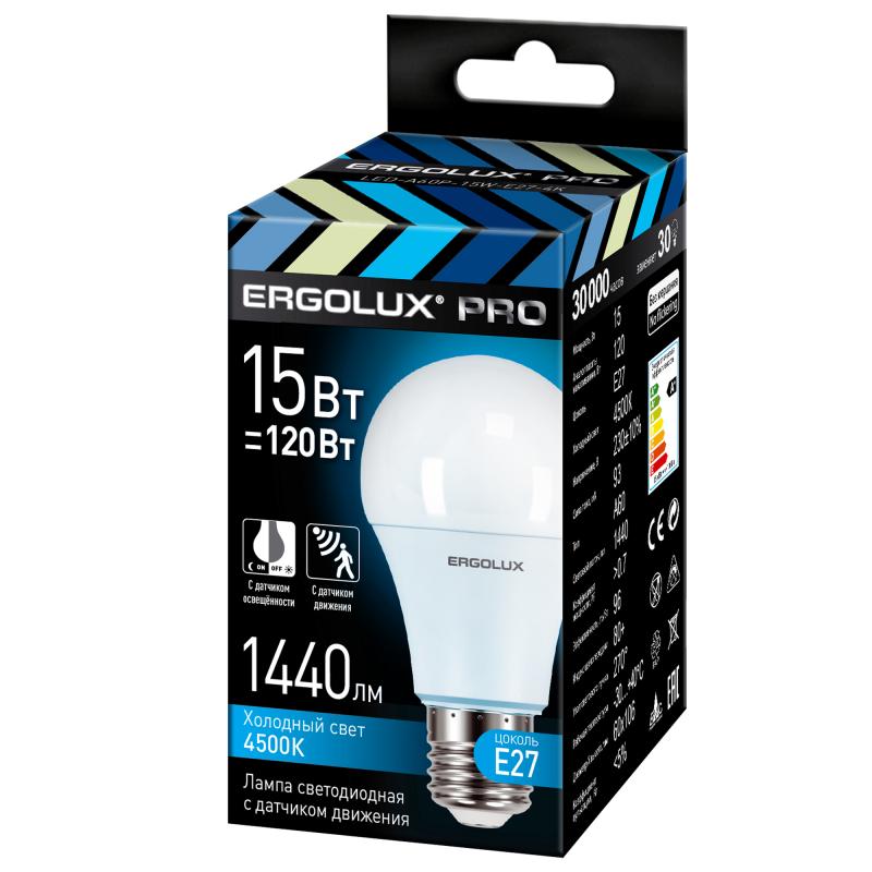 Лампа светодиодная Ergolux Pro LED-A60P-15W-E27-4K E27 220 В 15 Вт груша 1440 лм с датчиком движения нейтральный белый свет