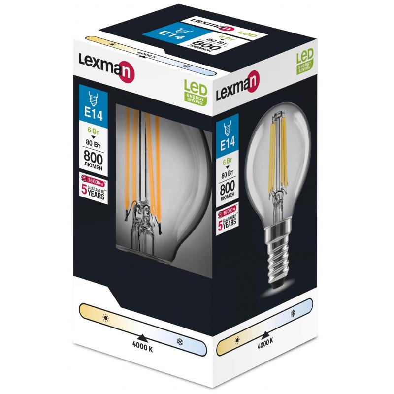 Лампа светодиодная Lexman E14 220-240 В 6 Вт шар прозрачная 800 лм нейтральный белый свет