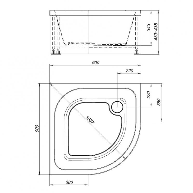 Душ табандығы акрил 90x90 см 1/4 шеңбер жоғары оң