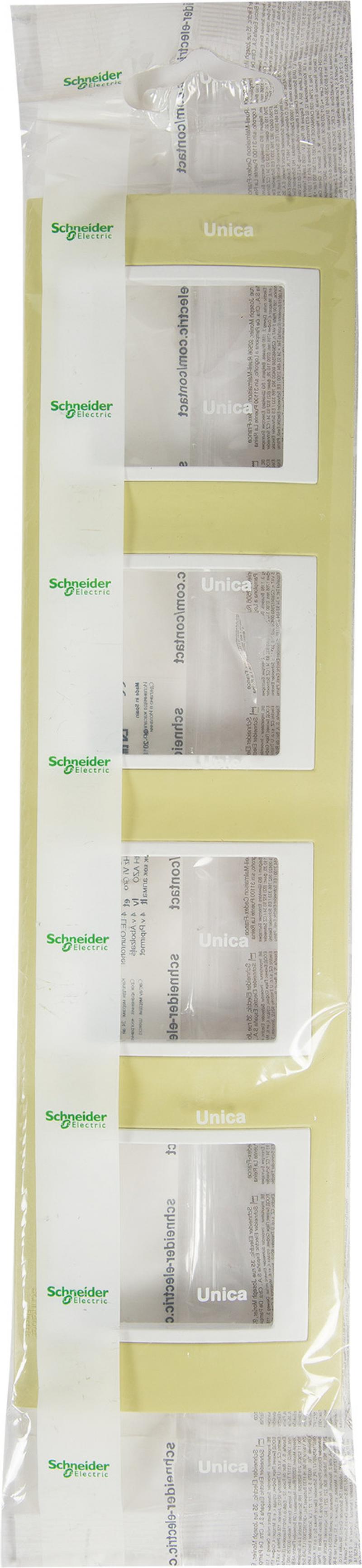 Рамка для розеток и выключателей Schneider Electric Unica 4 поста, цвет зелёное яблоко/белый