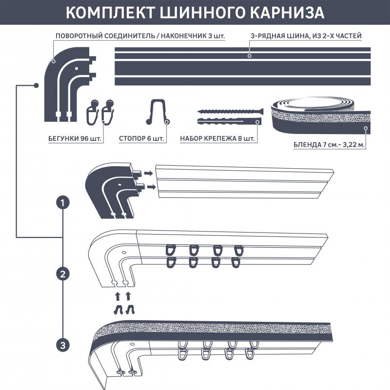 Карниз трёхрядный составной Монарх, 300 см, пластик, цвет белый глянец