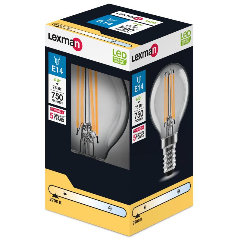 Лампа светодиодная Lexman E14 220-240 В 6 Вт шар прозрачная 750 лм теплый белый свет