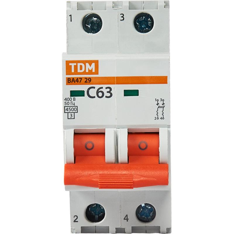 Автоматический выключатель Tdm Electric ВА47-29 2P C63 А 6 кА SQ0206-0099