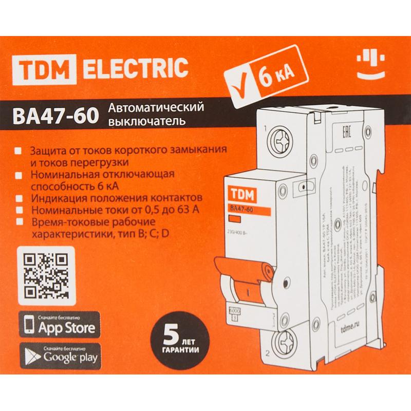 Автоматты ажыратқыш TDM Electric ВА47-60 1P C10 А 6 кА SQ0223-0075