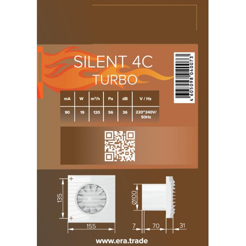Вентилятор осевой вытяжной Diciti Silent 4C Turbo D100 мм 36 дБ 120 м³/ч обратный клапан цвет белый