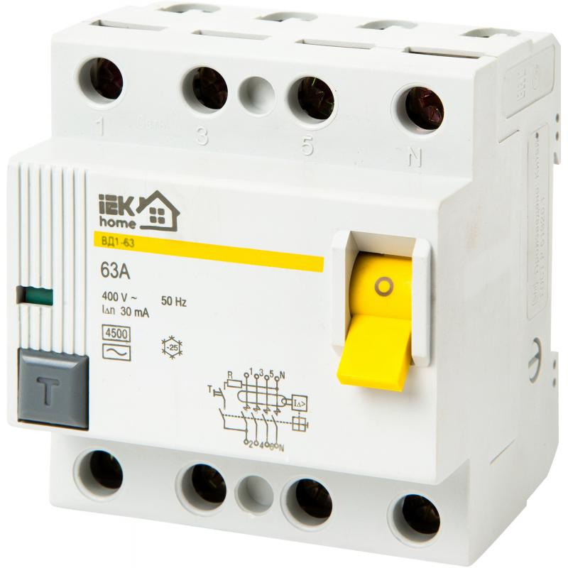 УЗО Iek Home ВД1-63 3P N 63 A 30 мА 4.5 кА AC MDV10-4-063-030