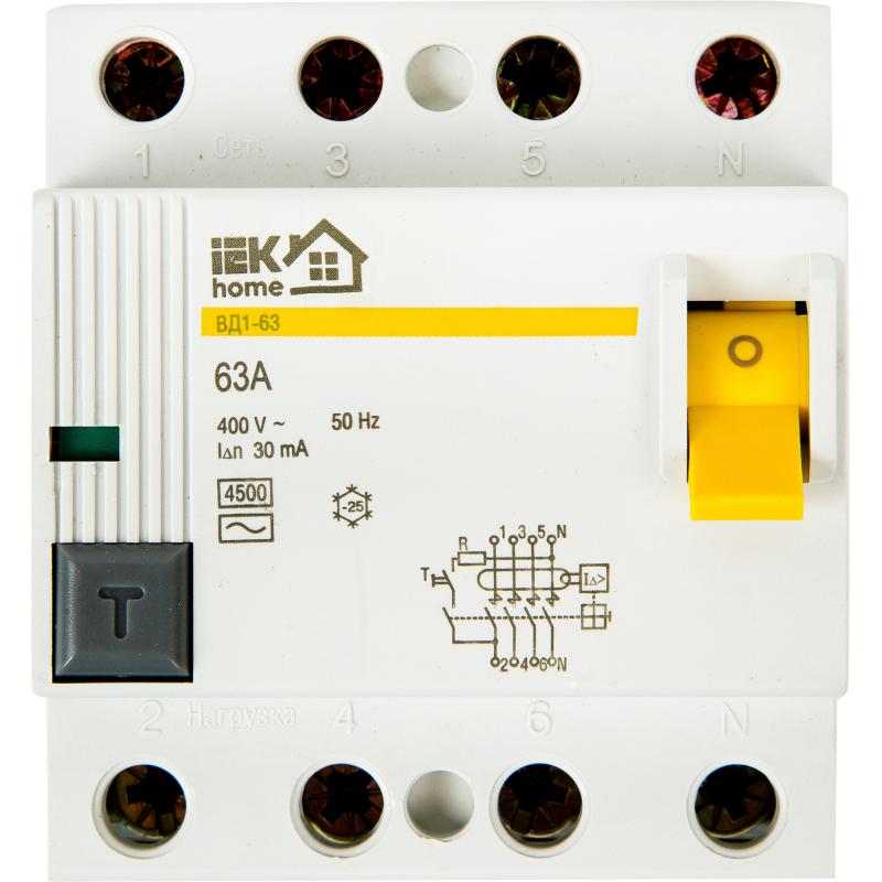 УЗО Iek Home ВД1-63 3P N 63 A 30 мА 4.5 кА AC MDV10-4-063-030