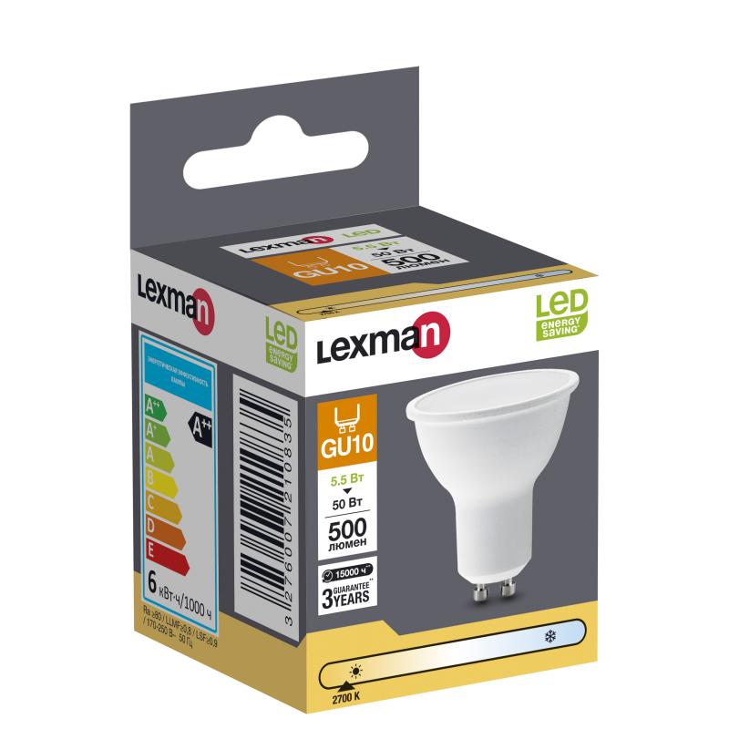 Лампа светодиодная Lexman GU10 175-250 В 6 Вт спот матовая 500 лм теплый белый свет