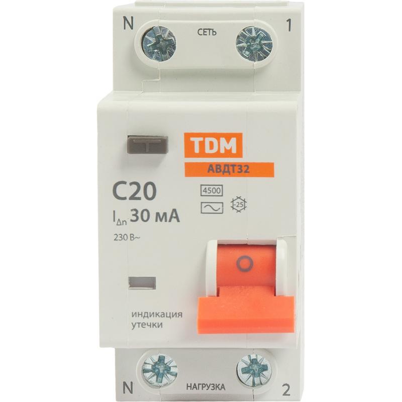 Дифференциалды автомат Tdm Electric АВДТ-32 1P N C20 A 30 мА 4.5 кА AC SQ0202-0504