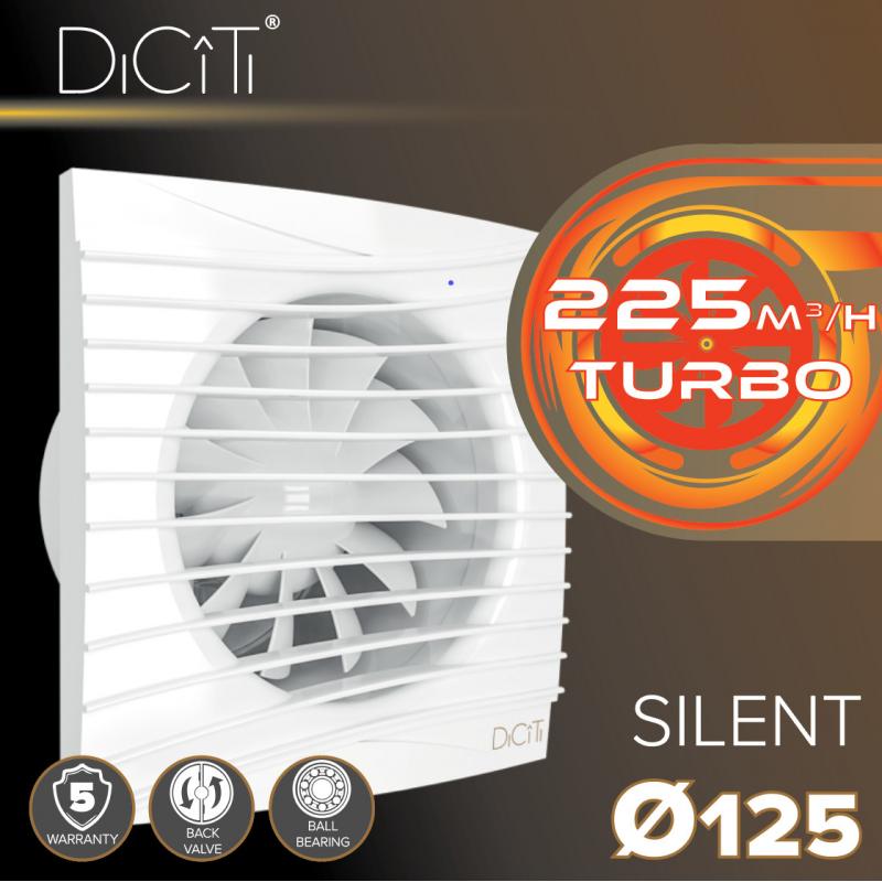 Вентилятор осевой вытяжной Diciti Silent 5C Turbo D125 мм 38 дБ 225 м³/ч обратный клапан цвет белый