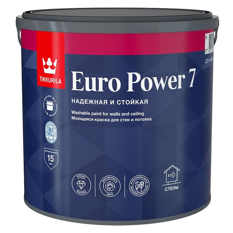 Краска для стен и потолков Tikkurila Euro Power 7 моющаяся матовая цвет белый база А 2.7 л