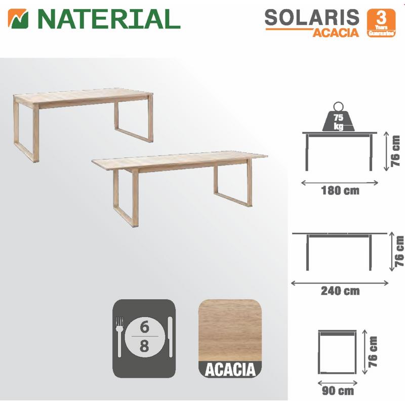 Стол садовый раздвижной Naterial Solaris 180-240x90х75 см акация светло-коричневый