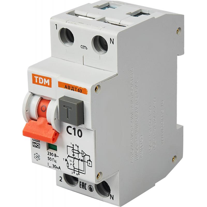 Дифференциалды автомат Tdm Electric АВДТ-63 2P C10 A 30 мА 6 кА A SQ0202-0001