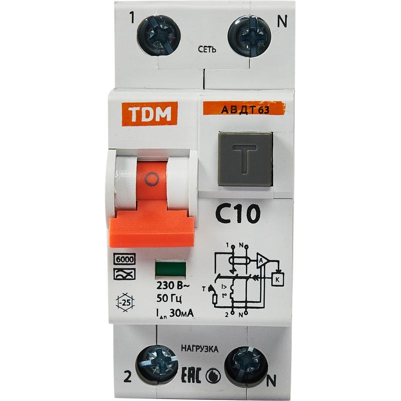 Дифференциальный автомат Tdm Electric АВДТ-63 2P C10 A 30 мА 6 кА AС SQ0202-0001