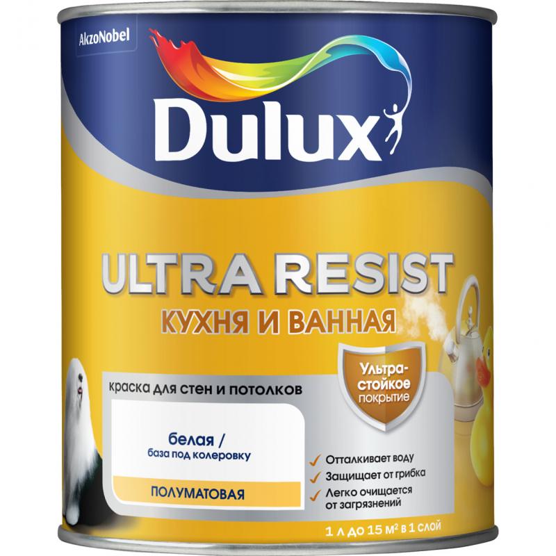 Краска для стен кухни и ванны Dulux Ultra Resist моющаяся полуматовая цвет белый база BW 1 л